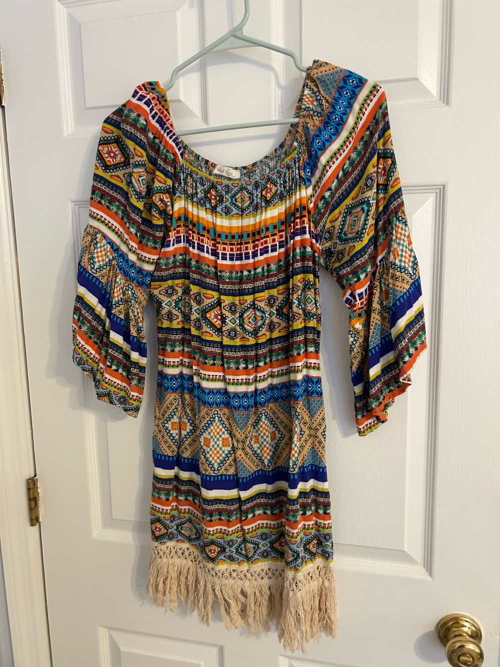 Black Bead Multicolor Geometric Off-Shoulder Mini Dress with Fringe